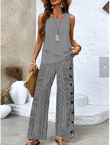  Ensembles de mode femmes 2 pièces débardeur et pantalon sans manches col carré à rayures imprimé superposé décontracté quotidien gris été coupe régulière