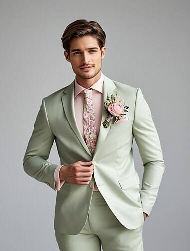  Trajes de boda para hombres Trajes de padrinos Verde Claro Moda Formal Verano Color Sólido Ajuste A Medida 2 Piezas Con Dos Botones