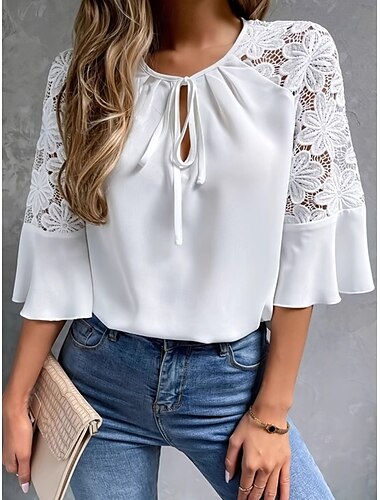  Mujer Camisa Blusa Color sólido Básico Casual Media Manga Cuello Barco Tops regulares Invitado a la boda Trabajo Diario Encaje Blanco Verano Primavera