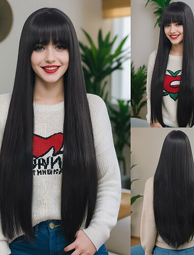  Synthetische Perücken Kinky Glatt Yaki Glatt Stufenhaarschnitt Mit Pony Maschinell gefertigt Perücke 81cm A1 Synthetische Haare Damen Klassisch Komfortabel Farbverläufe Schwarz