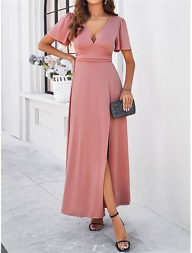  Robe Maxi Femme Robe Corset Robe A Ligne Couleur Unie Robes de Travail Fête Semi Formelle Fête Travail Regular Fit Graphique Manches Courtes Col V Noir Rose Vin Vert Armée Été