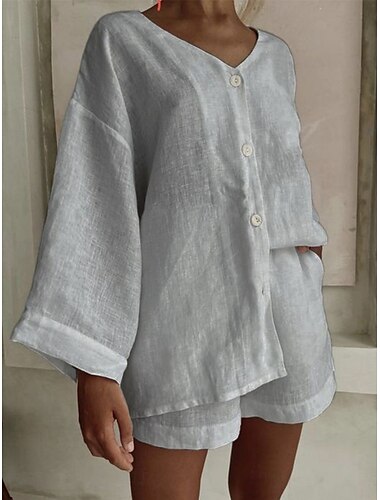  Mulheres Moda Roupa de rua Diário Camisa Social Conjuntos inspirados em linho Conjuntos de duas peças Shorts largos Manga Longa Decote V Tecido Casual Diário Preto Branco Azul Verão Normal