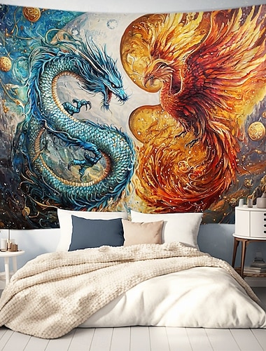  Tapisserie Suspendue Fantastique Phénix Dragon Murale Grande Tapisserie Décor Photographique Toile de Fond Couverture Rideau Maison Chambre Salon