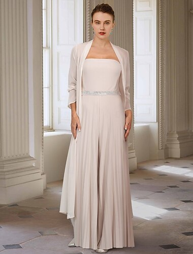  Jumpsuits Mutter der Braut Hochzeitsgast Eleganter Herzausschnitt Bodenlang Chiffon Langarm Wickel inklusive Jacke mit Schleife  Band Falten 2025