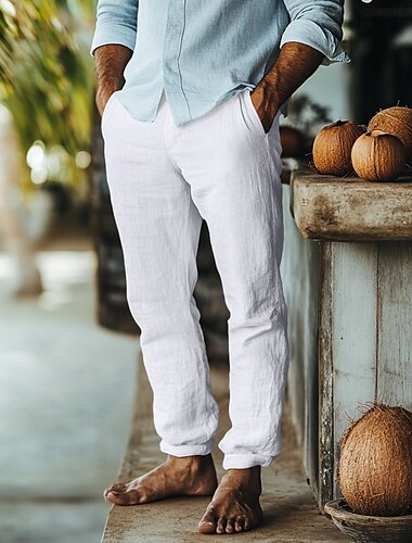  Voor heren Linnen broek Broek Zomerbroek Strandbroeken Zak Trekkoord Elastische taille Effen Comfort Ademend Volledige lengte Buiten Dagelijks Feestdagen Modieus Retro vintage Zwart Wit