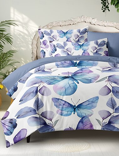  lila florales Bettbezug-Set aus Baumwolle mit tropischem Pflanzenmuster, weiches 3-teiliges Luxus-Bettwäsche-Set, perfekt als Muttertagsgeschenk, Heimdeko-Geschenk, Bettbezug für Zwilling, Vollkönig, Queensize