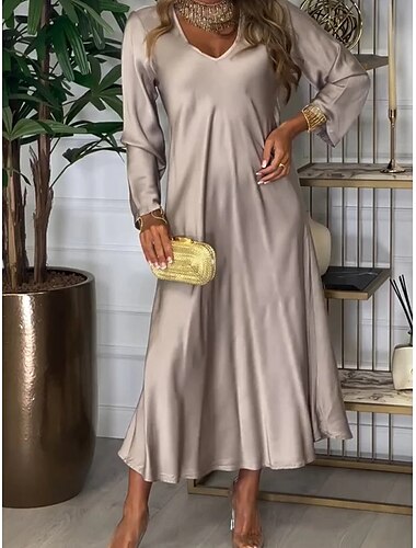  Damen Maxidress Casual kleid A Linie Kleid Basic Brautkleider schlicht Urlaub Täglich Regular Fit Glatt Langarm V Ausschnitt Schwarz Rote Aprikose Grau Frühling Herbst
