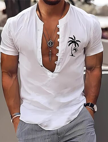  Voor heren Overhemd Minimalistisch Aloha-shirt Popover-shirt Zomer overhemd Normaal shirt Strand hemd Zwart Wit Lichtgroen Blauw khaki Korte mouw Klassiek Band Kraag Henley Vakantie Hawaii Gesp