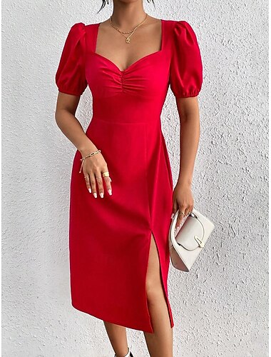  Damen Midi Kleid Korsagenkleid A-Linie Kleid Milchmädchen Kleid Puffärmel Kleid Urlaub täglich reguläre Passform Unifarben Kurzarm Quadrat Ausschnitt Rot Sommer