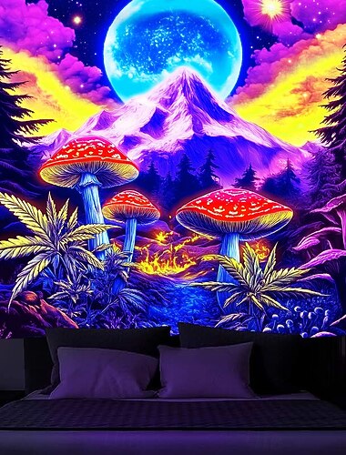  Tappeto murale Blacklight Che brilla al buio Festa luminosa Reattivo ai raggi UV Funghi Trippy nebbiosi Paesaggio naturale Tappeto murale per soggiorno camera da letto