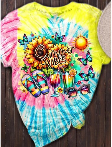  Damen T Shirt Batik Buchstabe Brautkleider schlicht Kurzarm Rundhalsausschnitt Normale Oberteile Täglich Bedruckt Rosa Rote Blau Purpur Regenbogen Sommer