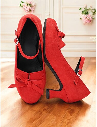  pantofi Mary Jane din piele intoarsa rosie pentru femei din anii 1950 – pantofi cu curea cu arc cu toc mijlociu pentru purtare casual, vintage si zilnica