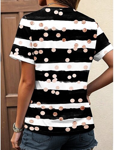  Mujer Camiseta A Lunares A Rayas Casual Manga Corta Cuello con muescas. Tops regulares Diario Estampado Negro Verano Primavera