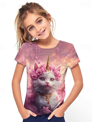  Mädchen 3D Graphic Katze T-Shirt Kurzarm Sommer Frühling Modisch Basic kinderkleidung 4-12 Jahre Rundhalsausschnitt Outdoor Casual Täglich Regular Fit