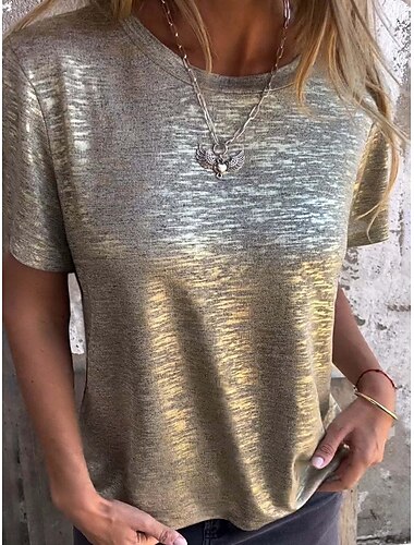  Damen T Shirt Glatt Modisch Modern Brautkleider schlicht Kurzarm Rundhalsausschnitt Normale Oberteile Täglich Wochenende Pailletten Silber Schwarz Gold Regenbogen Sommer Frühling