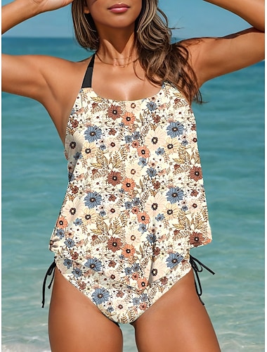  Maillots de bain pour femmes Tankini 2 pièces maillot de bain sexy sans dos vêtement de plage de vacances à fleurs en U sans manches