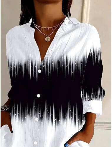  Damen Hemd Ombre Grafik Täglich Stylisch Retro Vintage 3/4 Länge Ärmel Hemdkragen Reguläre Oberteile Täglich Urlaub Ausgehen Knöpfe Schwarz Sommer Frühling