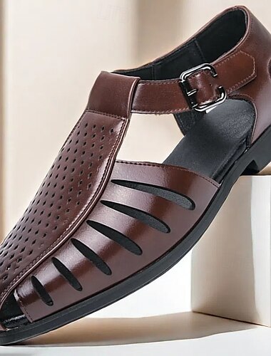 Schwarze T-Riemchensandalen aus Kunstleder für Herren mit Schnallenverschluss – stylisches perforiertes Design für den Sommer, Outdoor-Aktivitäten und die Freizeit