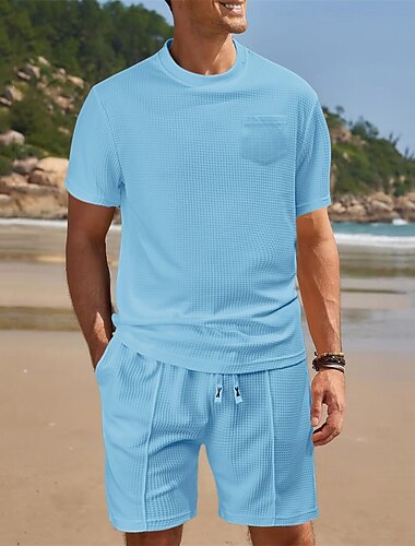  男性用 ワッフルシャツ Tシャツスーツ 2 ピースの衣装 ティー&ショーツ 半袖 クルーネック 夏 平織り ファッション カジュアル ポケット 2個 バケーション デイリーウェア お出かけ ブラック ホワイト ワイン メンズトップTシャツ