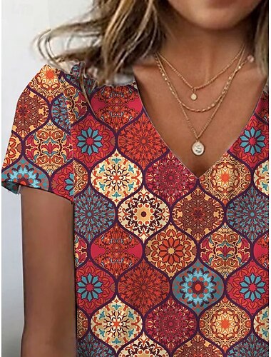  Damen T Shirt Geometrisch Vintage Stilvoll Brautkleider schlicht Kurzarm V Ausschnitt Normale Oberteile Täglich Knopf Bedruckt Rote Sommer Frühling