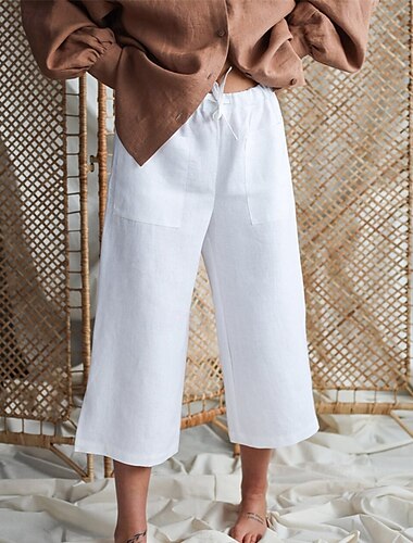  Damen Hose aus Baumwollleinen Abgeschnittene Hose Palazzo-Hose Mode Streetwear Komfort Knöchellang Hohe Taille Einfach Kordelzug Elastischer Bund Bequem Außenbereich Straße Alltagskleidung Ausgehen