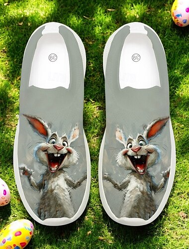  Slip-On-Sneaker für Damen mit Osterhasen-Motiv – atmungsaktive Mesh-Wanderschuhe mit Cartoon-Hasen-Aufdruck für den Urlaub und Outdoor