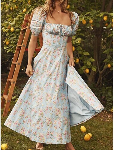  Damen Midikleid Corsagenkleider A Linie Kleid Milchmädchen-Kleid Kleid mit Puffärmeln Urlaub Urlaub Täglich Regular Fit Blumen Kurzarm Quadratischer Ausschnitt Hellrosa Rosa Blau Grün Sommer