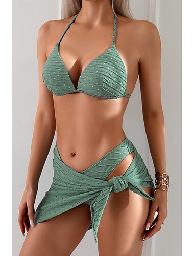  Frauen Badeanzüge Bikini Drei Teile Rock Badeanzug Rückenfrei Schlank Urlaub Strandbekleidung Einfarbiger Halterneck Ärmellos Badeanzüge