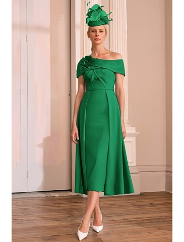  A-Linie Cocktailkleider Elegantes Kleid Formelles Hochzeit Knöchellänge Kurzärmel Ein-Schulter Satin mit Schulterblume Derby Kleider 2025