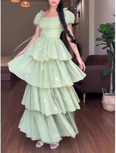  Robe Maxi Femme Robe Corset Robe En A Ligne Robe Couleur Unie Robe de Laitière Robe À Manches Bouffantes Vacances Vacances Quotidienne Coupe Régulière Fleurie Manches Courtes Col Carré Vert Été