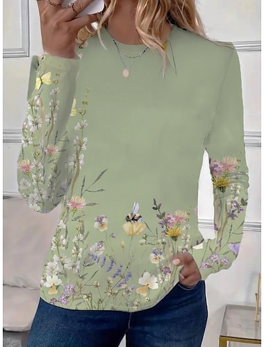  Dames T-shirt Bloemig Casual Lange mouw Strakke ronde hals Normale tops Dagelijks Afdrukken Grijs-Groen Paars Beige Grijs Lente Herfst