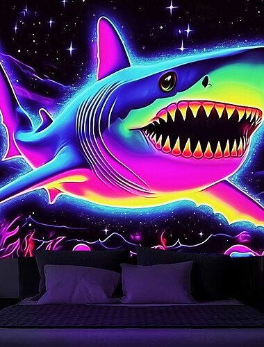  Tapisserie noire lumineuse qui brille dans le noir Glow Party UV réactive animal requin Trippy Misty paysage naturel Tapisserie murale art mural pour salon chambre