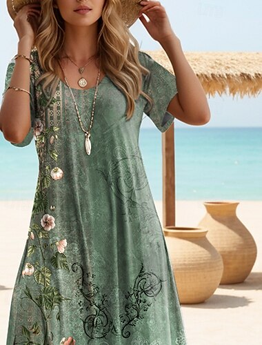  Damen Maxi Kleid T-Shirt Kleid Tee Kleid Sommerkleid Shift Kleid Sommerkleid Bohemia Urlaub Party Urlaub Regular Fit Vintage Bohemian Kurzarm Rundhalsausschnitt Salbeigrün Sommer Frühling