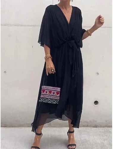  Femme Robe mi-longue robe noire Robe casual Robe Trapèze basique Décontractées Vacances du quotidien Standard Plein Manches 3/4 Col V Noir Blanche Rouge Orange Eté Printemps