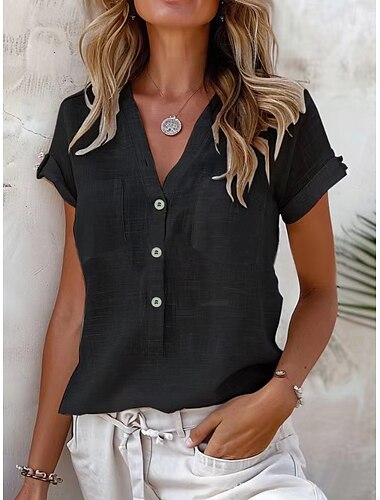  Damen Hemd Baumwoll-Leinen-Hemden Knopfleiste Bluse Einfarbig Basic Lässig Kurzarm V Ausschnitt Normale Oberteile Täglich Tasche Schwarz Rosa Blau Orange Hellgrau Sommer Frühling