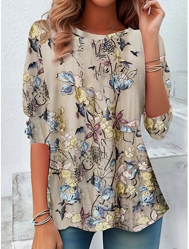  Mujer Camiseta Floral Casual Manga Larga Cuello Barco Tops regulares Diario Estampado Beige Primavera Otoño