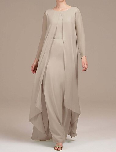  Zwei Teiliges Mutter der Braut Kleid Elegantes Vintage Einfaches Rundhals Bodenlänge Chiffon Lange Ärmel Jackenkleider mit Uni-Farbe 2025