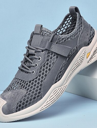  Beige Mesh-Sneaker für Herren mit Schnürung und Klettverschluss, atmungsaktive Freizeit-Sportschuhe für den Sommer