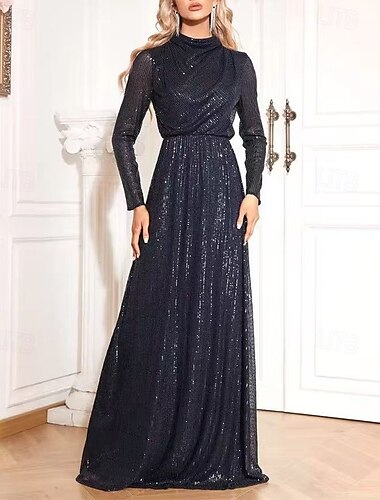  Robe de soirée A-Line élégante robe de soirée bal longueur de sol manches longues col montant coton avec paillettes et sequins