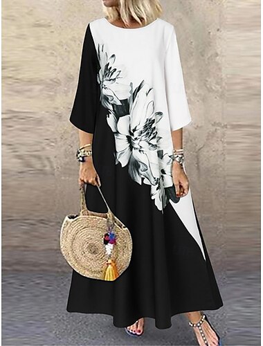  Damen Maxidress Casual kleid Stilvoll Brautkleider schlicht Urlaub Täglich Regular Fit Blumen 3/4 Ärmel Rundhalsausschnitt Weiß Gelb Rote Sommer Frühling