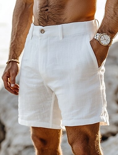  Hombre Pantalón corto Pantalones cortos de lino pantalones cortos de vestir Pantalones cortos de verano Pantalones cortos de playa Botones Bolsillo Pierna recta Plano Comodidad Transpirable Longitud