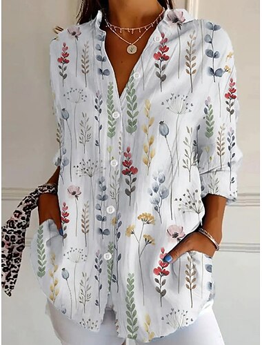  חולצת נשים עם שרוול ארוך כפתור למטה בלוז פרחונית גרפית יומיומית אופנתית רטרו וינטג' עם צווארון רגיל עליונות יומי יומי חגים לצאת כפתורים לבן קיץ אביב