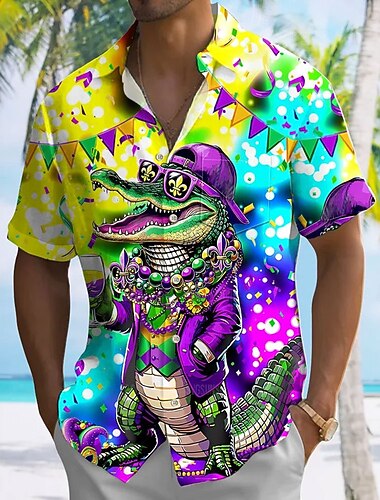  Carnaval Homens Crocodilo Carnaval Camisa Social camisa de botão Manga Curta Moda Casual Férias Presente Feriado Verão Primavera Aberto para a Lateral camisas de colarinho Um bolso frontal Amarelo