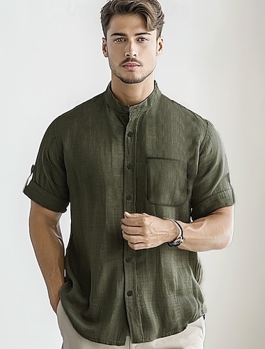  Voor heren Overhemd Kraagloos overhemd Zwart Wit Lichtgrijs Leger Groen Beige Lange mouw Effen Kleur Opstaande boord School Formeel Knop Kleding Elegant Vakantie Vintage Tropisch