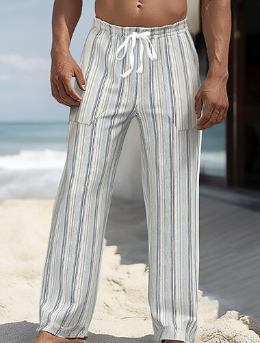  Herren Leinenhosen Hose Sommerhose Elastischer Bund Kordelzug Gerader Schnitt Gestreift Komfort Atmungsaktiv Volle Länge Lässig Täglich Ferien Mode Klassicher Stil Khaki Regenbogen