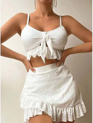  Femme Maillots de Bain Bikinis Trois pièces Jupe Maillot de bain Dos Nu Mince Vacances Tenues de plage Couleur unie Col V Sans Manches Maillots de bain