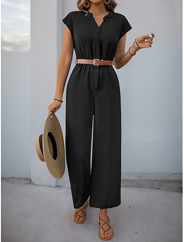  Mujer Normal Mono Ropa de calle Color sólido Manga Corta Escote en Pico Botones Alta cintura Vacaciones Oficina Ajuste regular Negro Verano