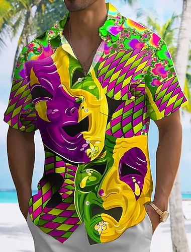  Karneval Herren Geometrische Muster Maske Karnival Hemd Knopfhemd Kurzarm Modisch lässig Urlaub Geschenk Festtage Sommer Frühling Umlegekragen Hemden mit Kragen Eine Tasche vorne Grün