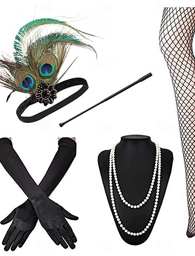  Ordító 20-as évek 1920-as évek Flapper fejpánt Kiegészítő készlet A nagy Gatsby Charleston Toll Női Újév Álarcos mulatság Parti Lánybúcsú Felnőttek 1 Nyaklánc Kesztyűk Harisnya