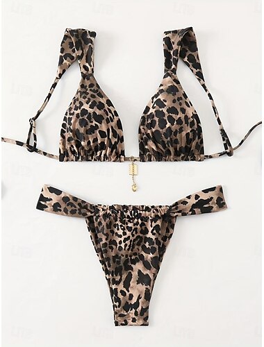  Dámské Plavky Bikiny 2 ks Tanga Plavky Volná záda Štíhlý prázdniny Oblečení na pláž Leopard Do V Bez rukávů Plavky